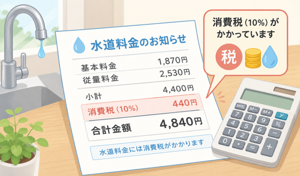 水道料金のお知らせを確認し、水道料金に消費税10％がかかっているイラスト