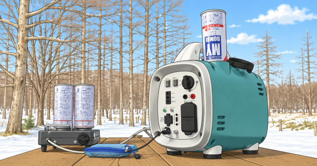 雪の積もる屋外でカセットボンベ式ガス発電機を使用している様子のイラスト