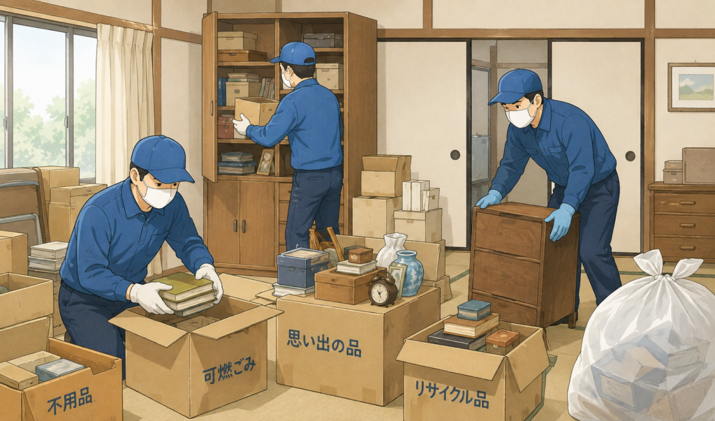 実家の室内で片付け業者のスタッフが荷物や家具を仕分けしながら片付けている様子のイラスト