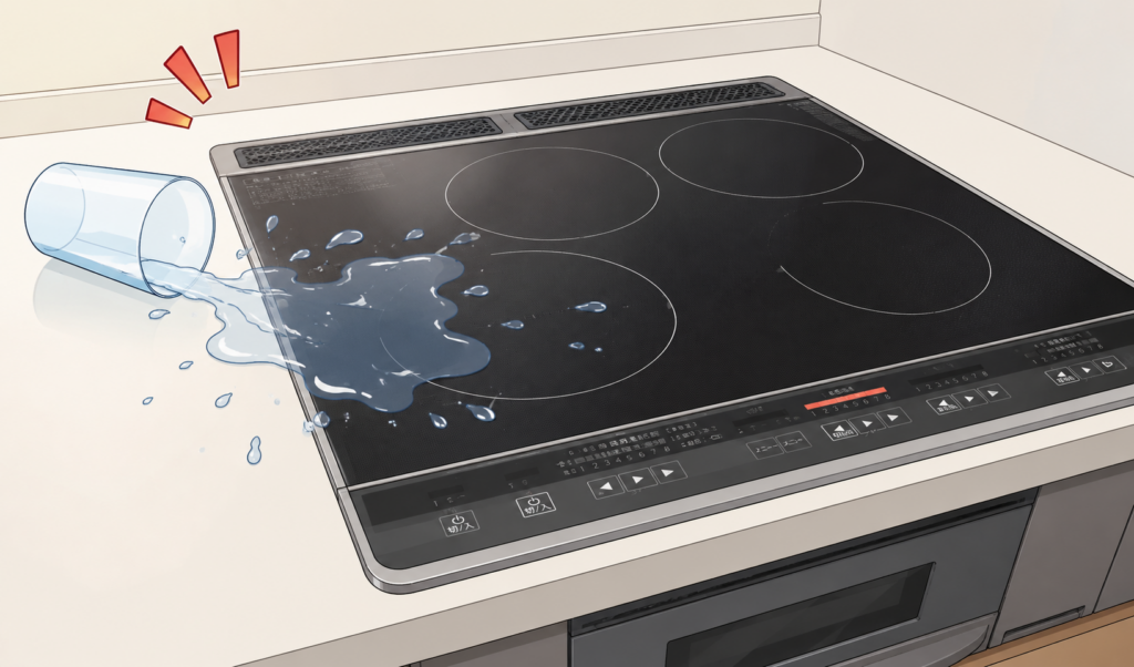 IHコンロの天板にコップの水をこぼしてしまい、水滴が広がっている様子のイラスト