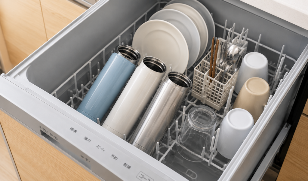 フタを外した水筒が食器と一緒に食洗機に入っている様子のイメージイラスト