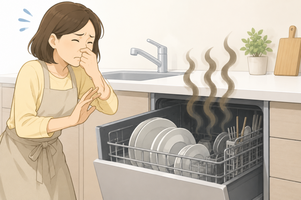 食洗機から下水のような嫌なニオイが漂い、鼻をつまんで困っている女性のイラスト