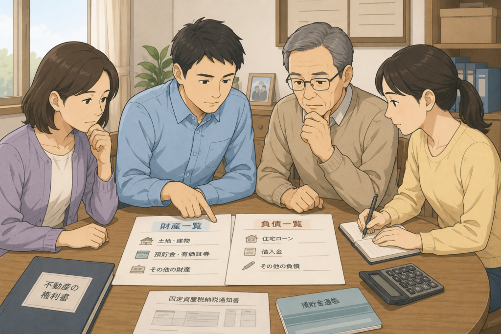 実家じまいに向けて、家族で財産一覧や負債一覧などの書類を確認している様子のイラスト