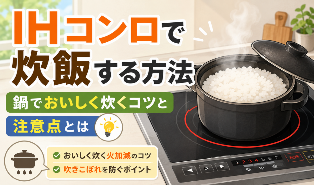 IHコンロの上に置いた鍋でご飯を炊いている様子を描いたイラスト