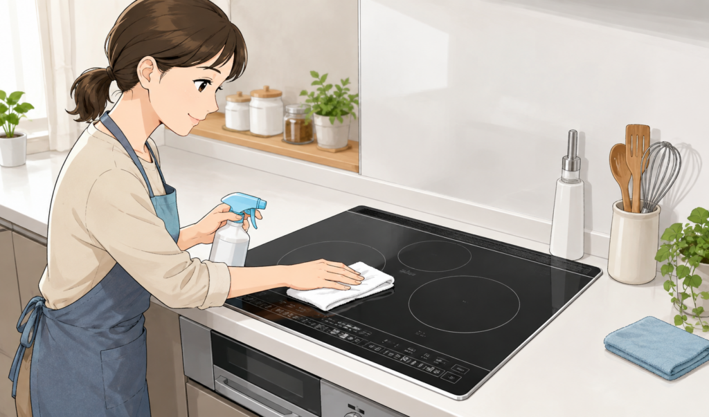 IHコンロの天板を布で丁寧に掃除している女性のイメージイラスト