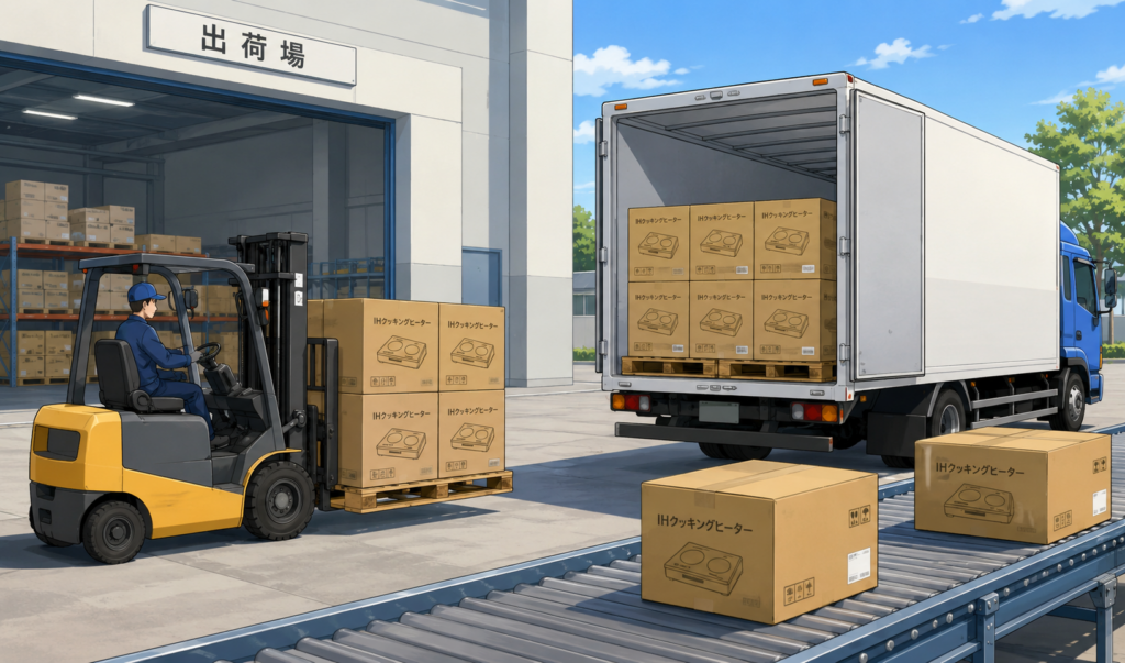 IHコンロが倉庫からトラックへ積み込まれ、出荷されていく様子のイメージイラスト