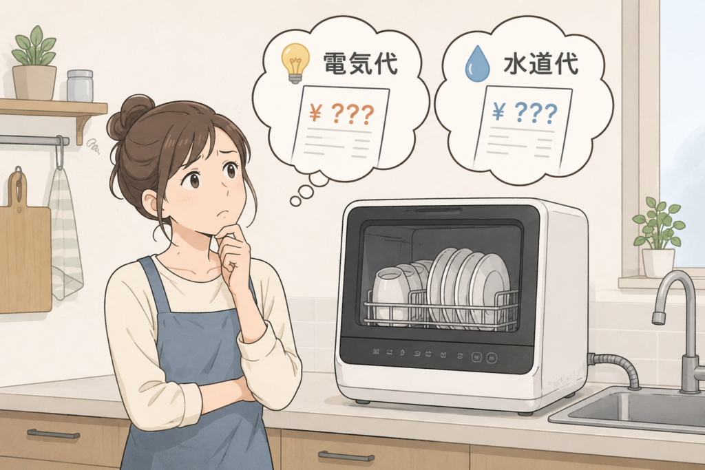 食洗機を見ながら電気代と水道代がどれくらいかかるのか気にしている女性のイラスト