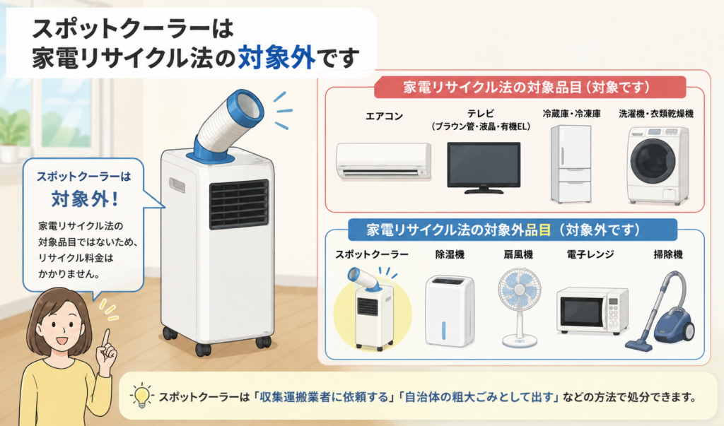 スポットクーラーが家電リサイクル法の対象外であることを対象家電と比較して説明したイラスト