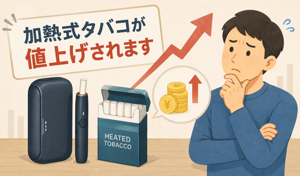 加熱式たばこの値上げを、上向きの矢印や硬貨とともに表現し、価格改定を心配する男性のイラスト