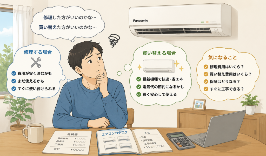 パナソニックのエアコンを修理するか買い替えるか、費用や今後の使用を考えながら悩んでいる人物のイメージイラスト