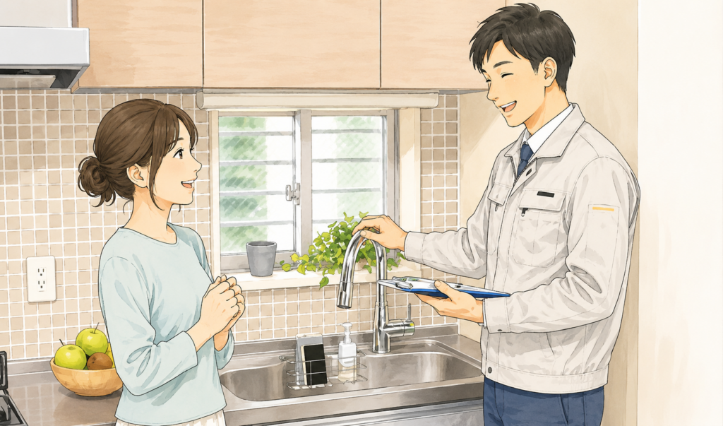 キッチンの蛇口を確認しながら、利用者に説明する作業員のイメージイラスト