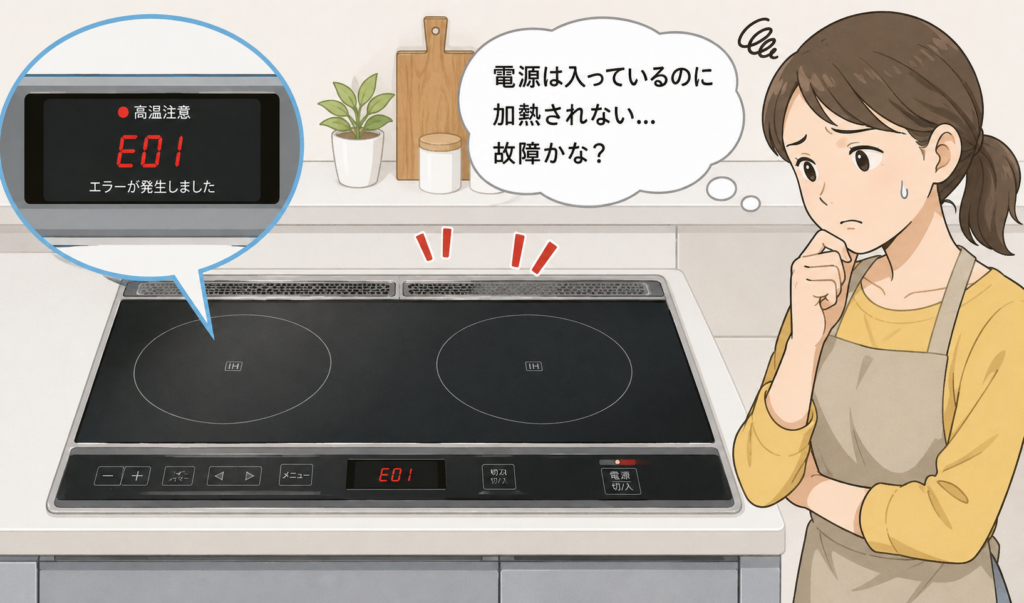 エラー表示が出たIHコンロを見ながら、故障を心配している女性のイラスト