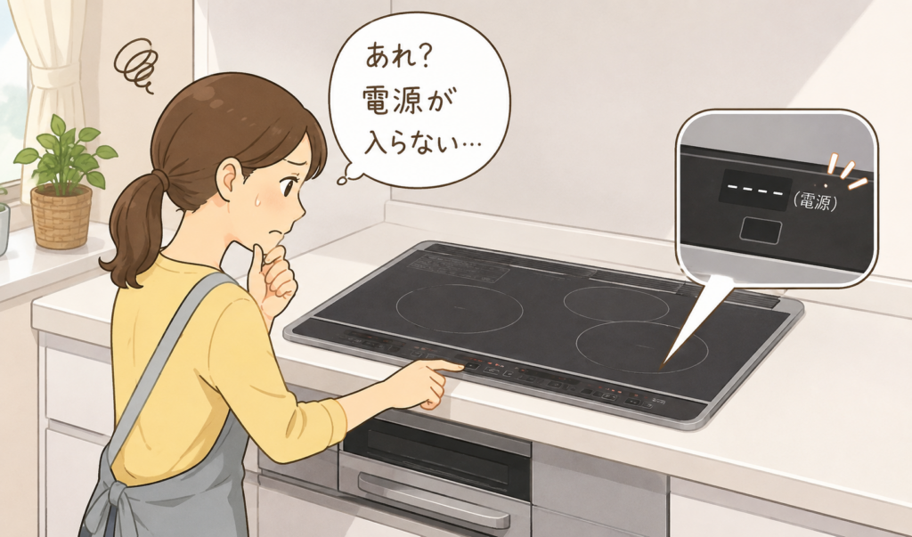 IHコンロの電源ボタンを押しても電源が入らず、困っている女性のイメージイラスト