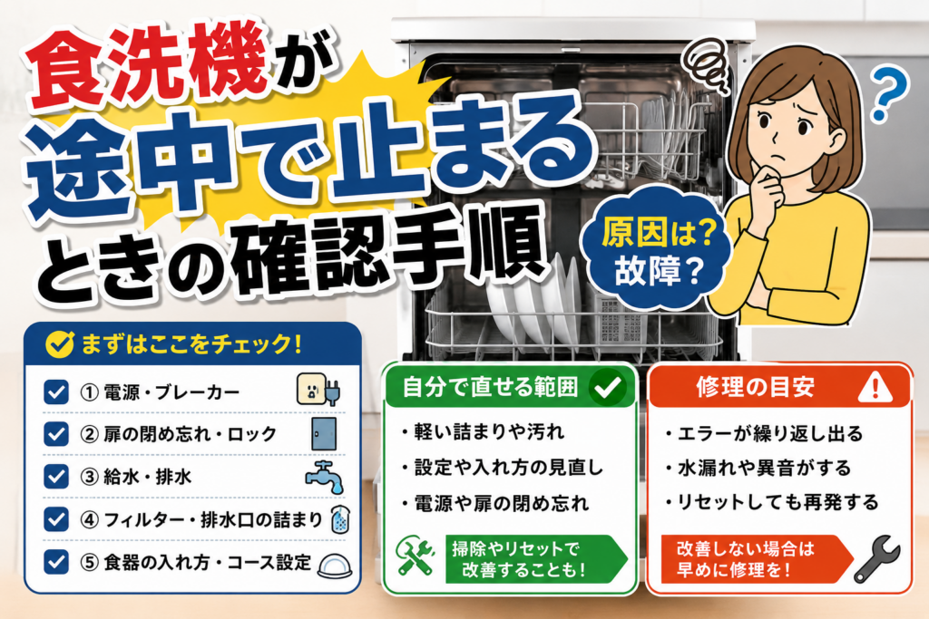 食洗機が途中で止まったときの確認手順と、自分で直せる範囲・修理の目安を示したイラスト