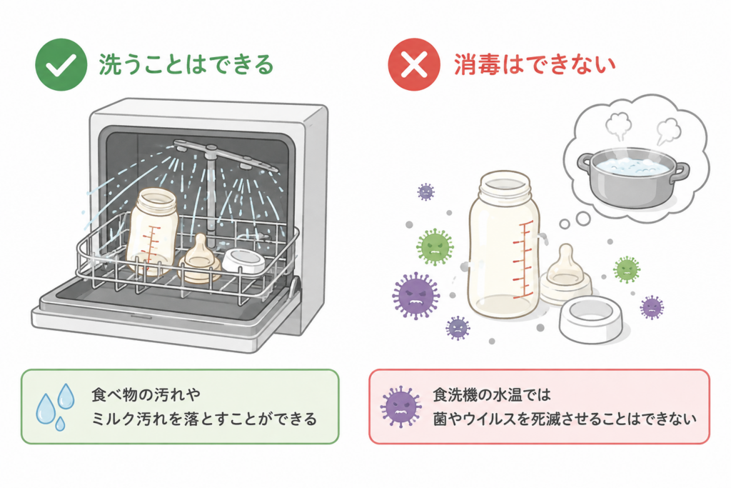 哺乳瓶は食洗機で洗浄できても、消毒は別途必要であることを示したイメージイラスト