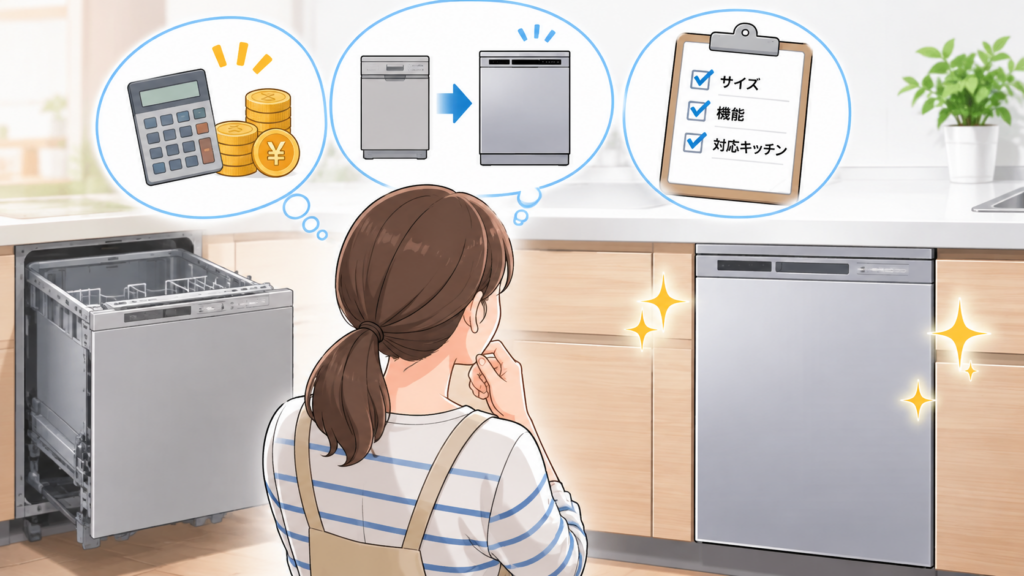 ビルトイン食洗機の交換費用や後継機種の選び方を検討している人物のイラスト