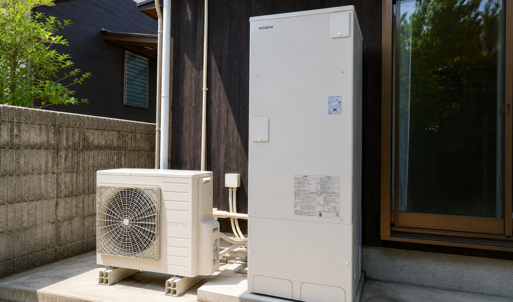 住宅の屋外に設置された日立製エコキュートの貯湯タンクとヒートポンプユニット
