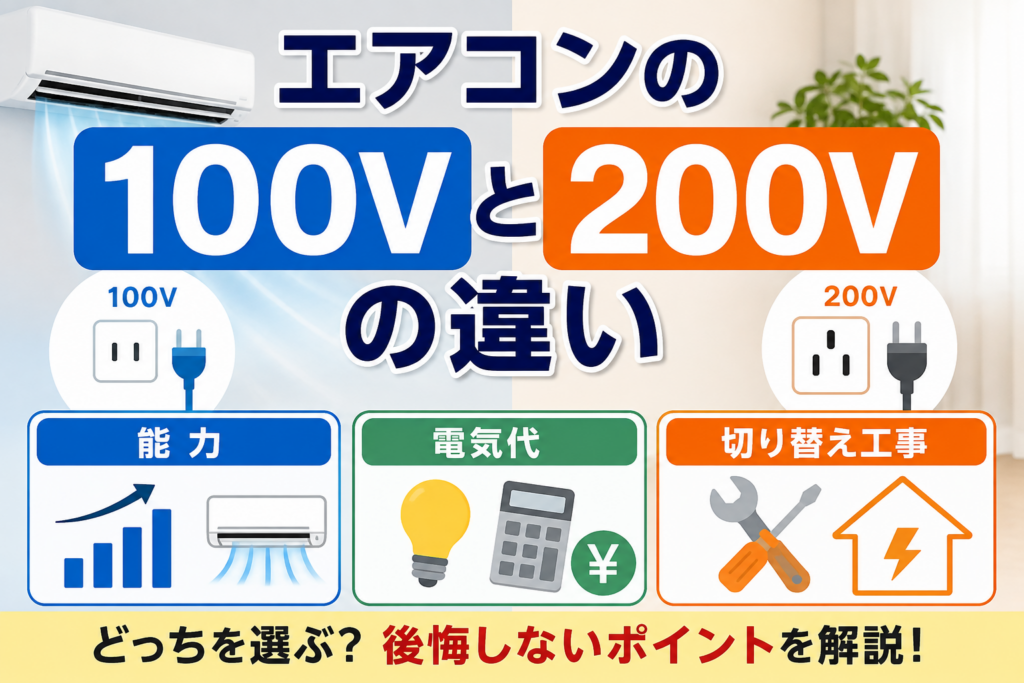 エアコンの100Vと200Vの違いを、能力・電気代・切り替え工事の観点から比較したイラスト