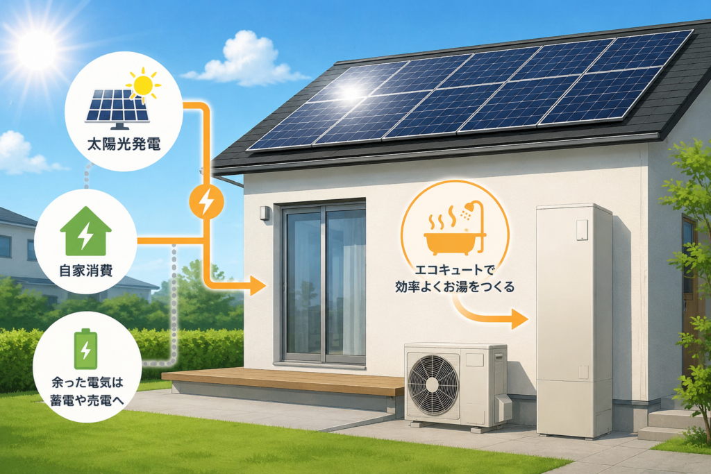 太陽光パネルを設置した住宅と、屋外に設置されたエコキュートを組み合わせたイメージイラスト