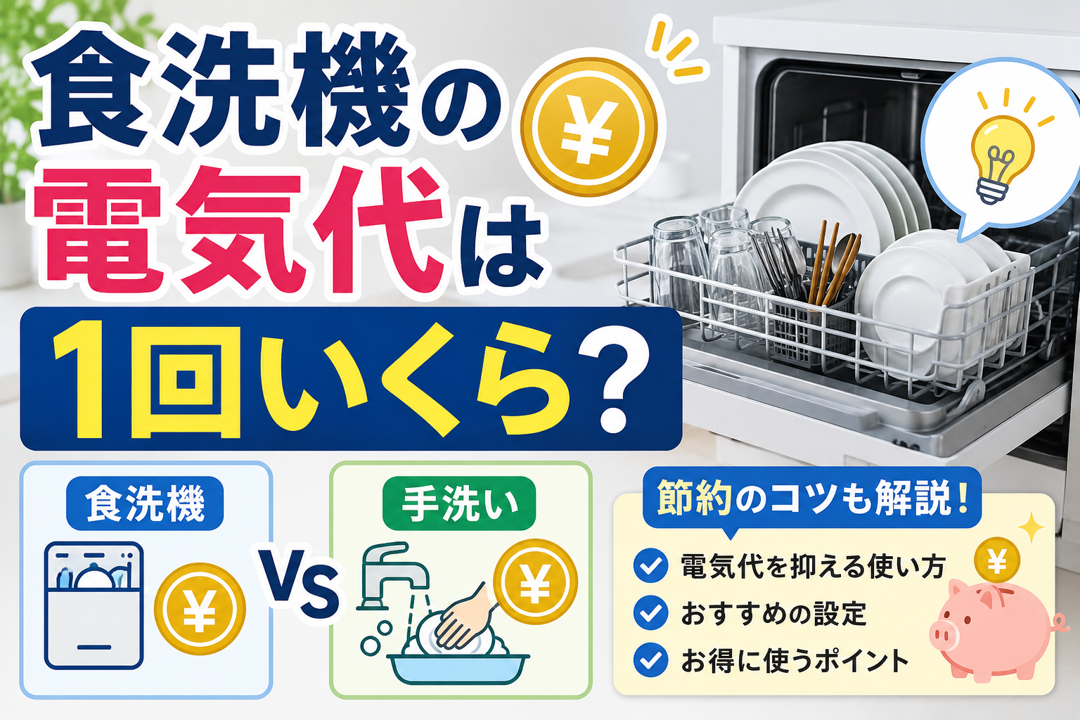 食洗機の1回あたりの電気代と手洗いを比較し、節約のコツを紹介するサムネイル画像