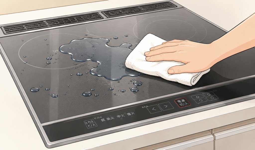 IHコンロの上にこぼれた水を布で拭き取っている様子のイラスト
