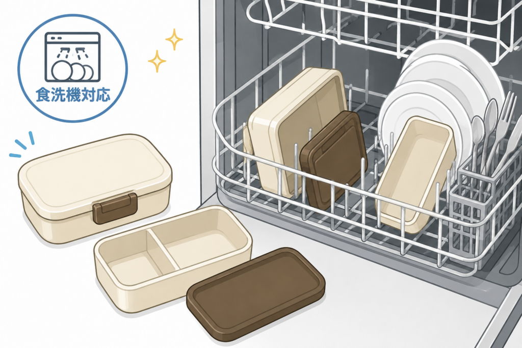 食洗機対応の弁当箱と、食洗機の庫内で洗浄される弁当箱のパーツを描いたイメージイラスト