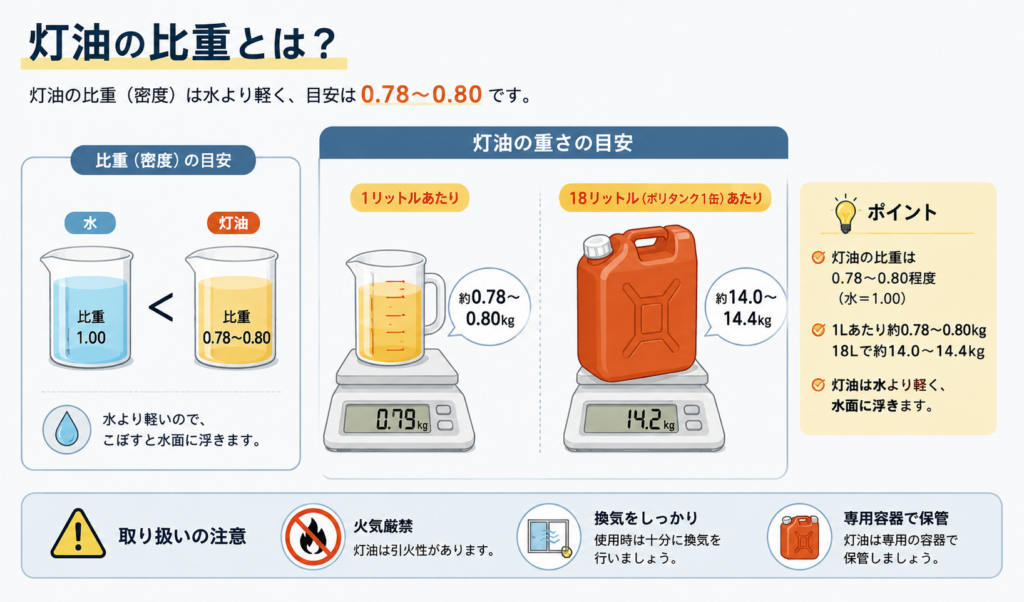 灯油の比重が水より軽く、比重0.78〜0.80程度であることを示したイメージイラスト