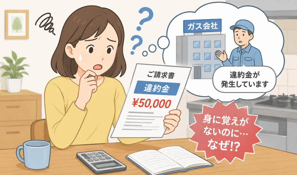 ガス会社から身に覚えのない違約金を請求され、請求書を見ながら困惑している女性のイラスト
