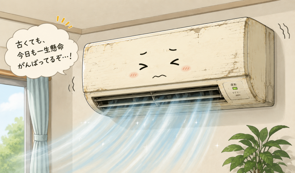 古くなりながらも冷風を送り出し、一生懸命に動き続けているエアコンのイラスト