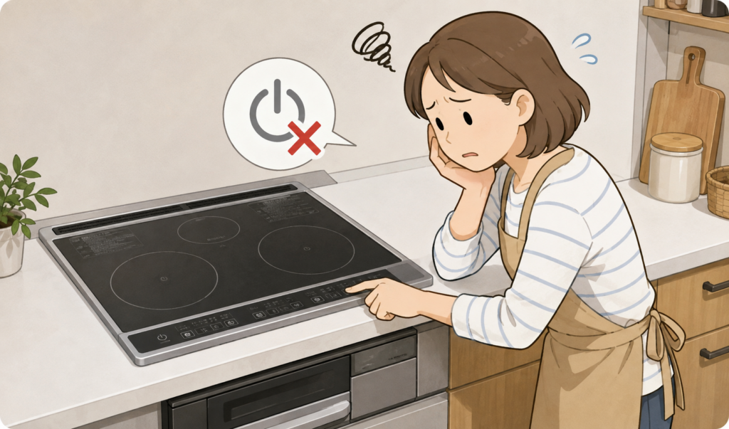 電源が入らないIHコンロの操作パネルを押しながら困っている女性のイラスト