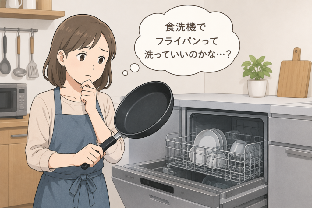 食洗機でフライパンを洗ってもいいか悩みながら、フライパンを手にして食洗機を見ている女性のイラスト