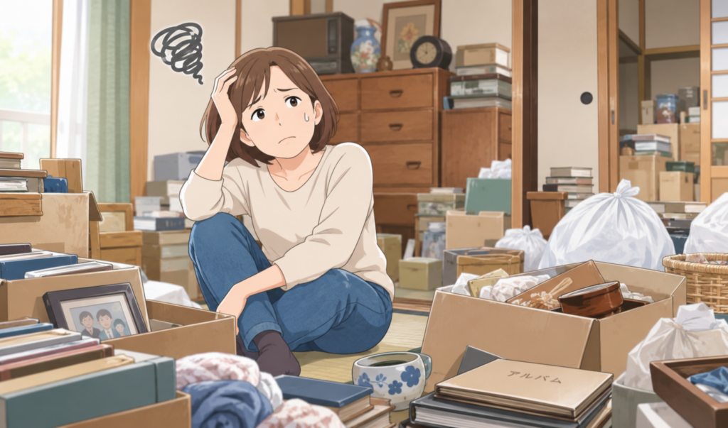 実家の片付けがなかなか進まず、たくさんの荷物や段ボールに囲まれて困っている女性のイラスト