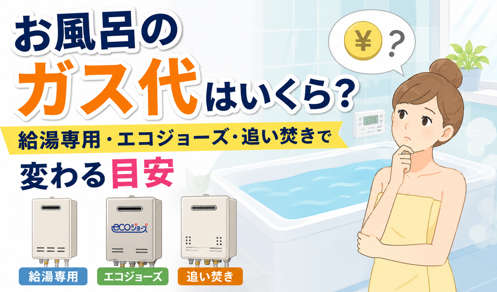 お風呂のガス代について、給湯専用・エコジョーズ・追い焚きの違いをイメージしたイラスト