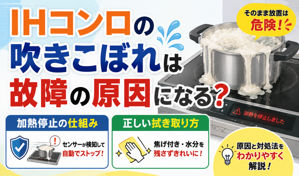 IHコンロで鍋が吹きこぼれ、故障の原因や加熱停止の仕組み、正しい拭き取り方を解説するイラスト