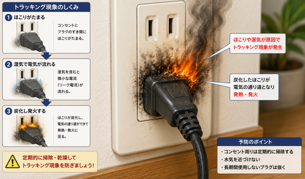 コンセントに差し込まれたプラグ周辺のほこりや湿気によってトラッキング現象が発生し、発火している様子のイラスト