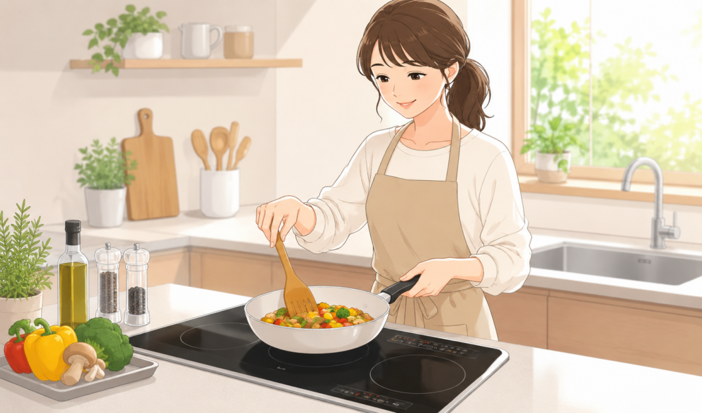IHコンロを使って明るいキッチンで快適に料理をしている女性のイラスト