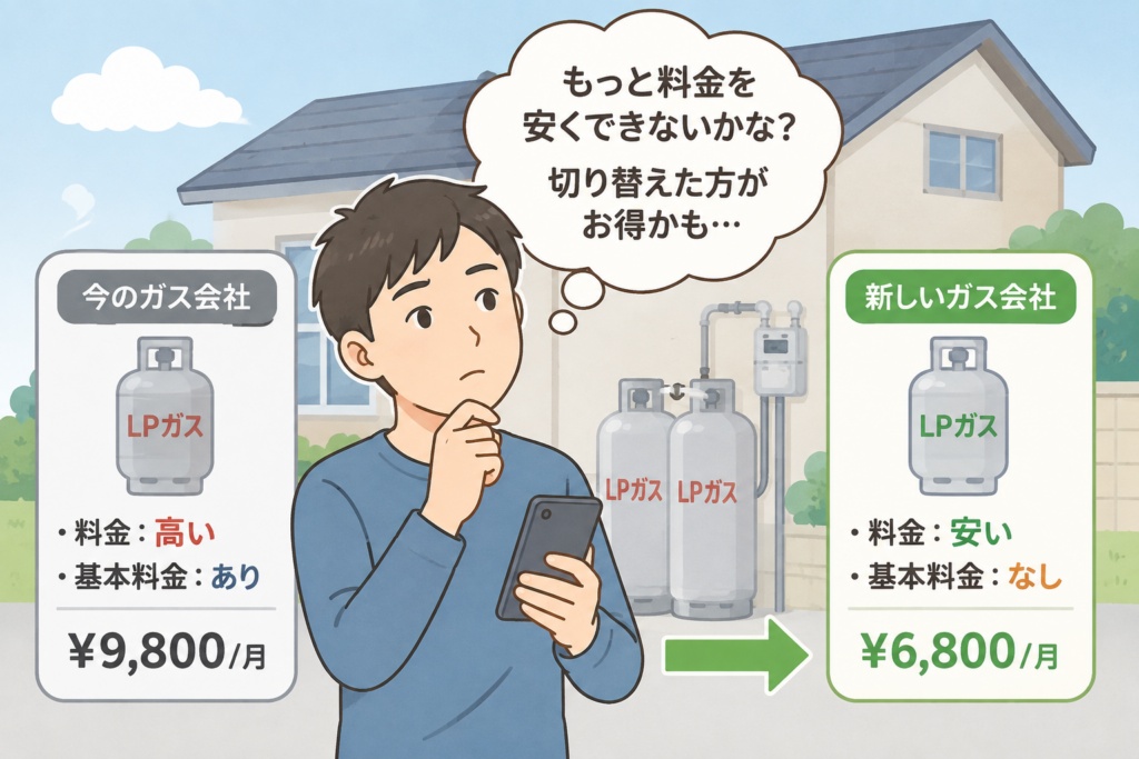 LPガス会社の切り替えを検討し、料金を比較しながら悩んでいる男性のイラスト