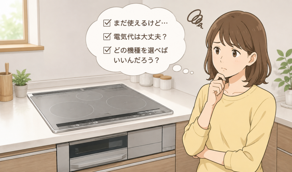 ビルトインIHコンロを見ながら、交換するべきか悩んでいる女性のイメージイラスト