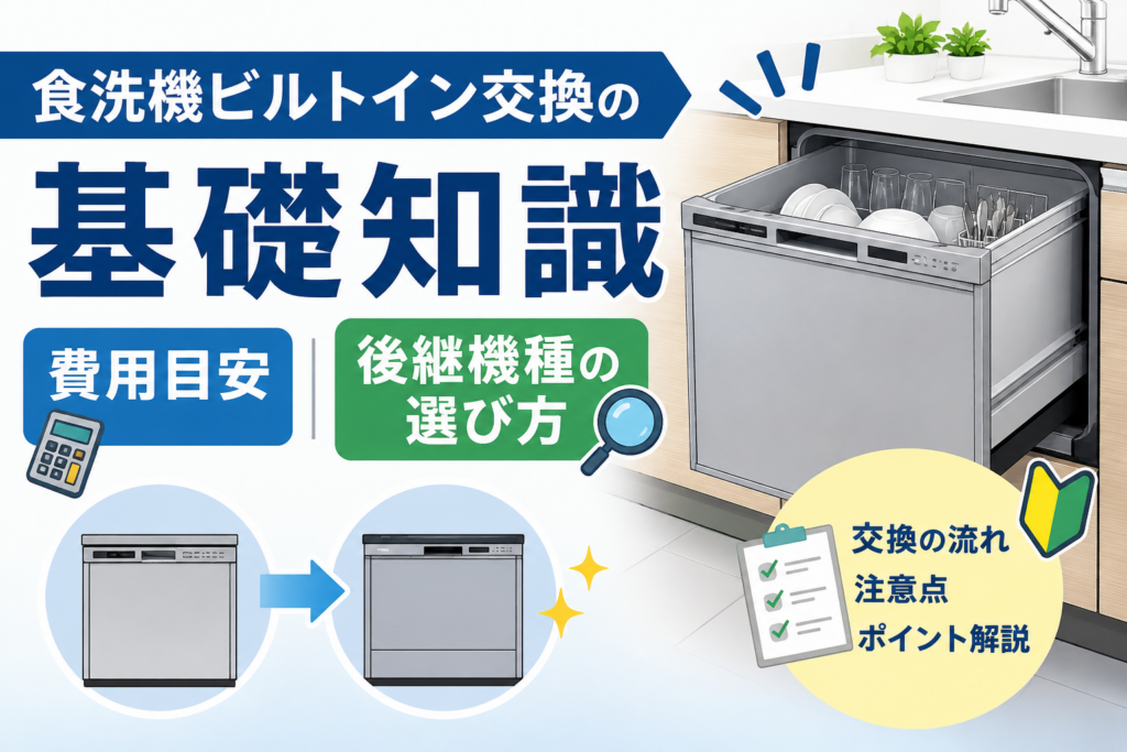 ビルトイン食洗機の交換費用や後継機種の選び方を検討している人物のイラスト