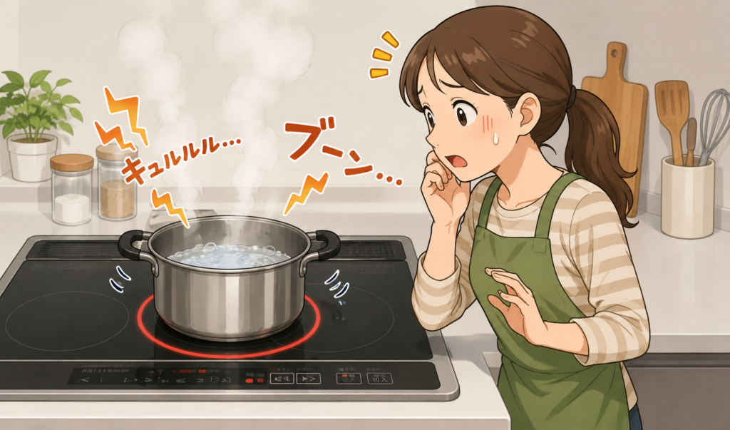 IHコンロで調理中、鍋から異音がして心配そうに様子を確認している女性のイラスト
