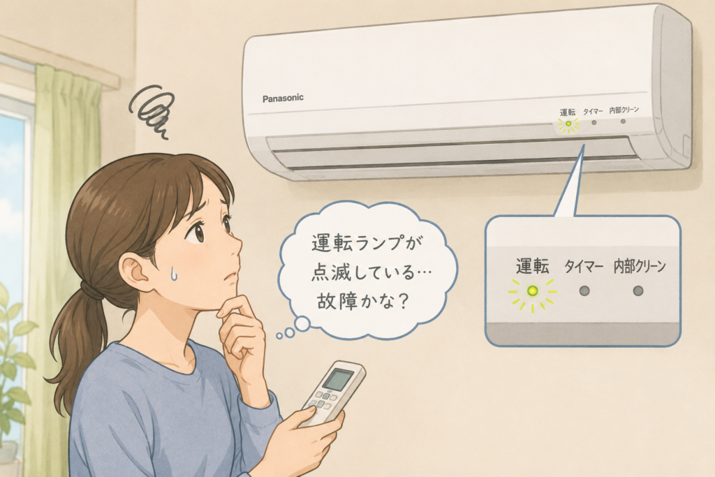 「パナソニックのエアコンの運転ランプが点滅し、故障ではないかと心配しながら確認している女性のイラスト」