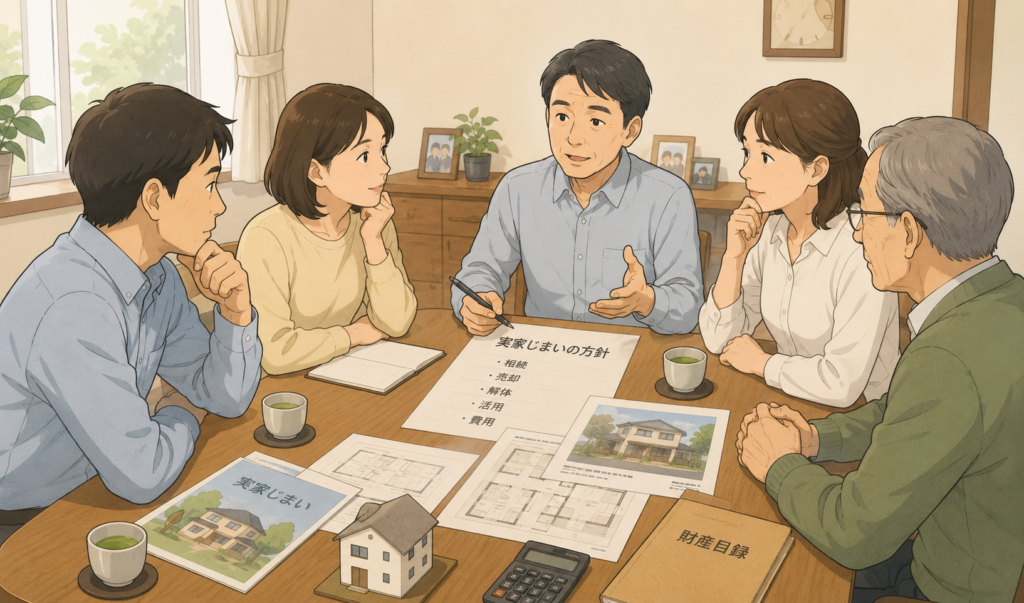 実家じまいの方針について、相続人全員で資料を確認しながら話し合っている様子のイラスト