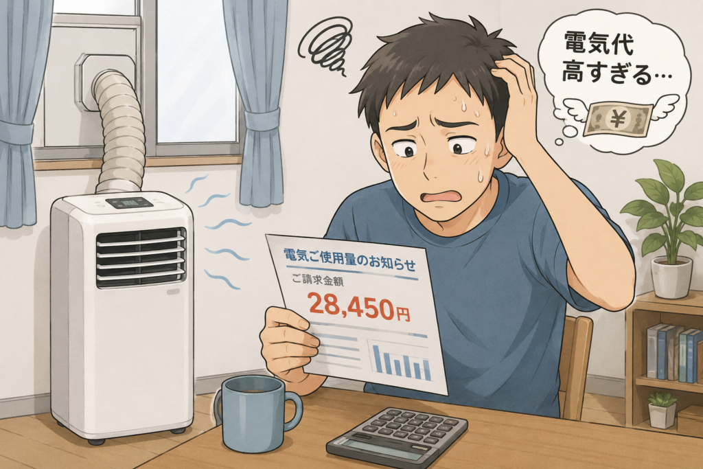 移動式エアコンを使用し、電気代の高さに困っている男性のイメージイラスト