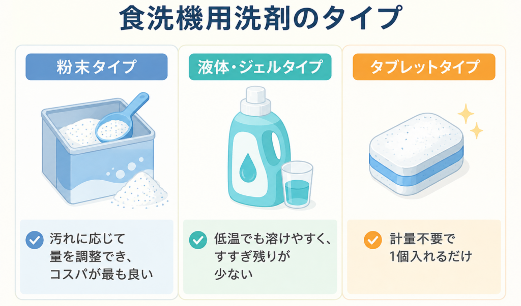 食洗機用の専用洗剤を粉末・液体/ジェル・タブレットの3タイプに分けて紹介したイラスト