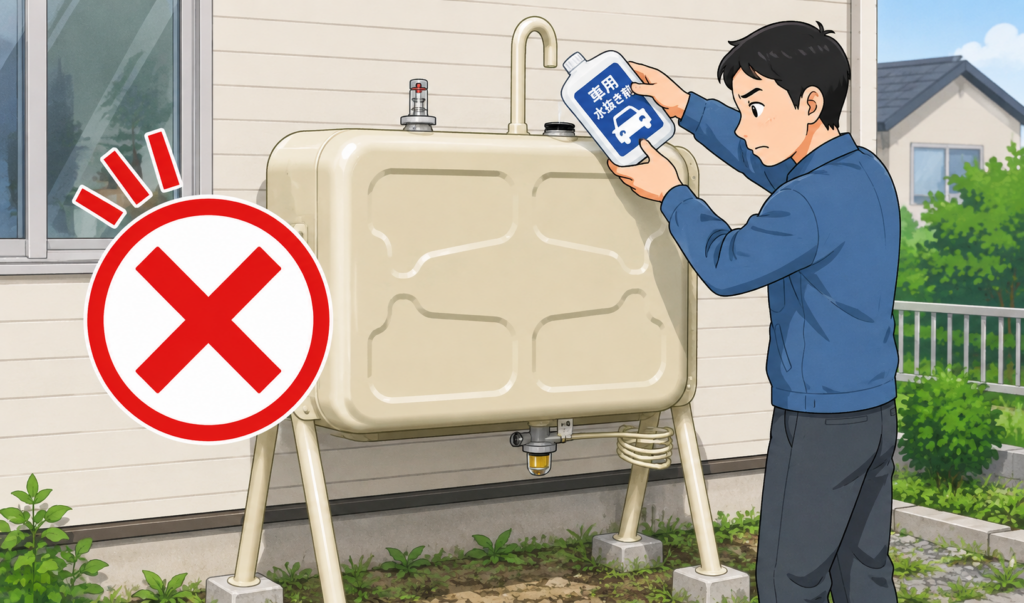 車用の水抜き剤を灯油のホームタンクに入れようとしている人物とNGマークのイラスト