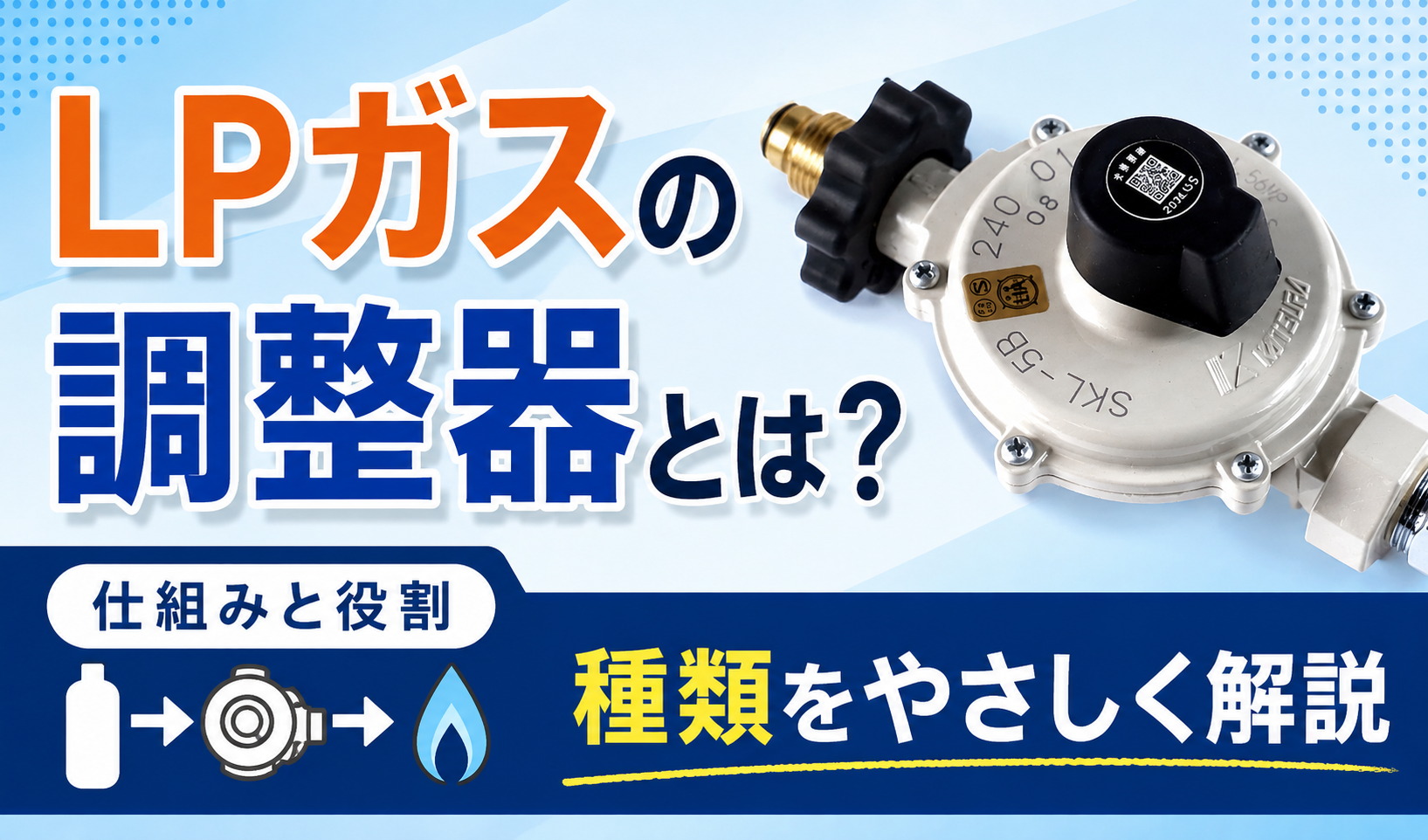 LPガスの調整器の外観と、調整器の仕組み・役割・種類をやさしく解説するサムネイル画像