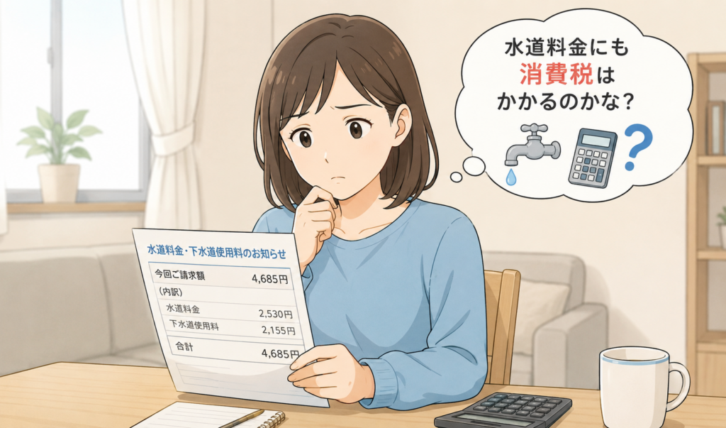 水道料金の請求書を見ながら、消費税がかかるのか悩んでいる女性のイラスト
