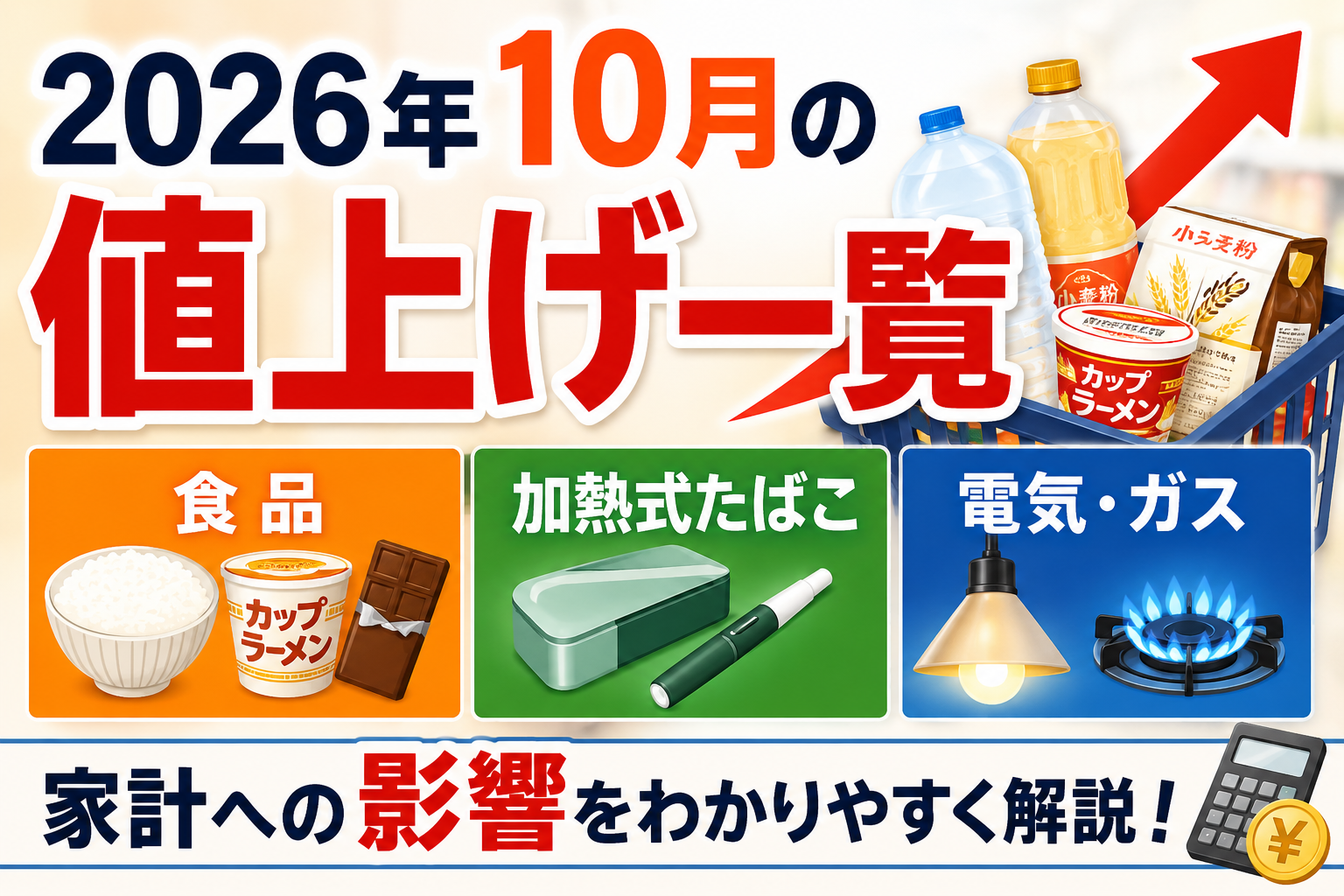 2026年10月の値上げ一覧を食品・加熱式たばこ・電気・ガスに分けて家計への影響とともに紹介するイメージ画像