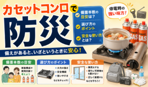 災害時の備えとしてカセットコンロとカセットボンベ、防災用品を用意している様子のイラスト