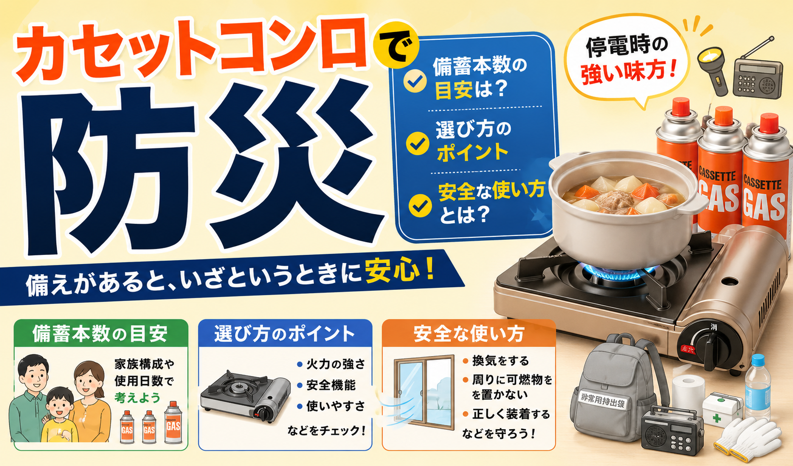 災害時の備えとしてカセットコンロとカセットボンベ、防災用品を用意している様子のイラスト